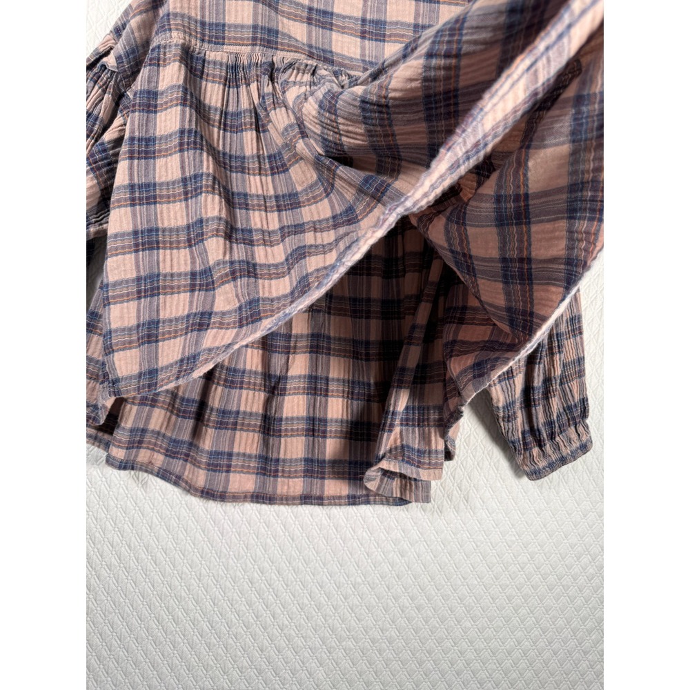 We The Free Free People Jessi Plaid Henley Sm Babydoll Peasant Top Pink Blue 1.5 - Picture 6 of 8